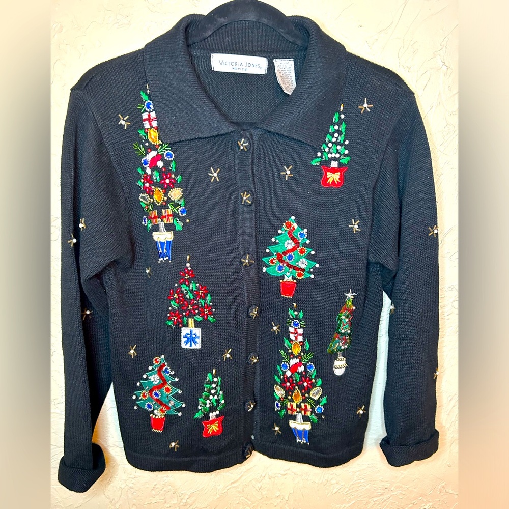 Vtg Sweater Cardigan Women's‎ Button Front Christmas Victoria Jones Petite S